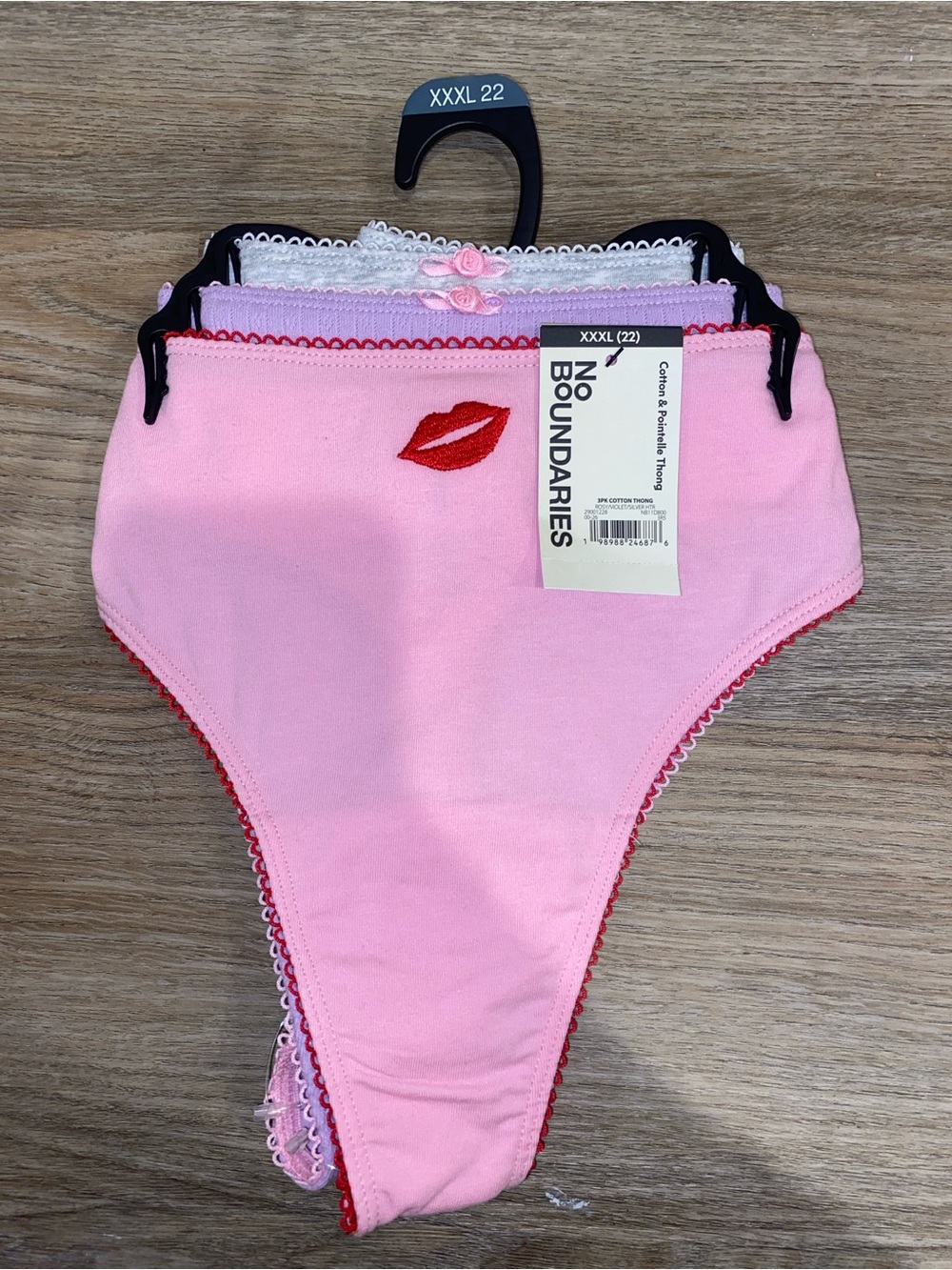No Boundaries Pink High-Cut Briefs with Red Lip Embroidery - 3 Pack